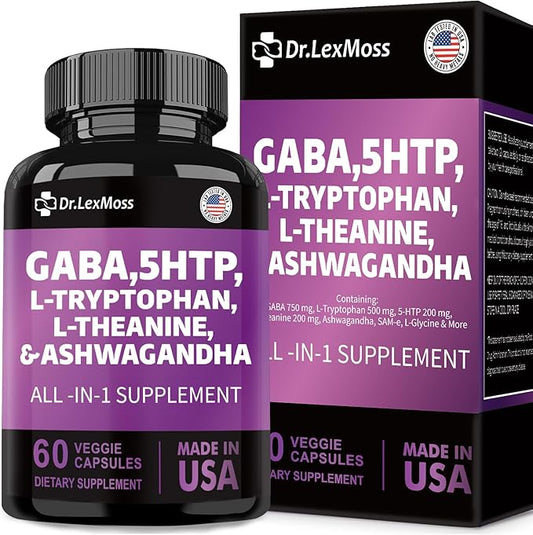 GABA 750mg 5 HTP 200mg L Tryptophan 500mg L Theanine 200mg Ashwagandha 3000mg SAM-e L-Glycine Mood Support Vitamins for Women and Men with L-Tyrosine Made in USA 60 Count