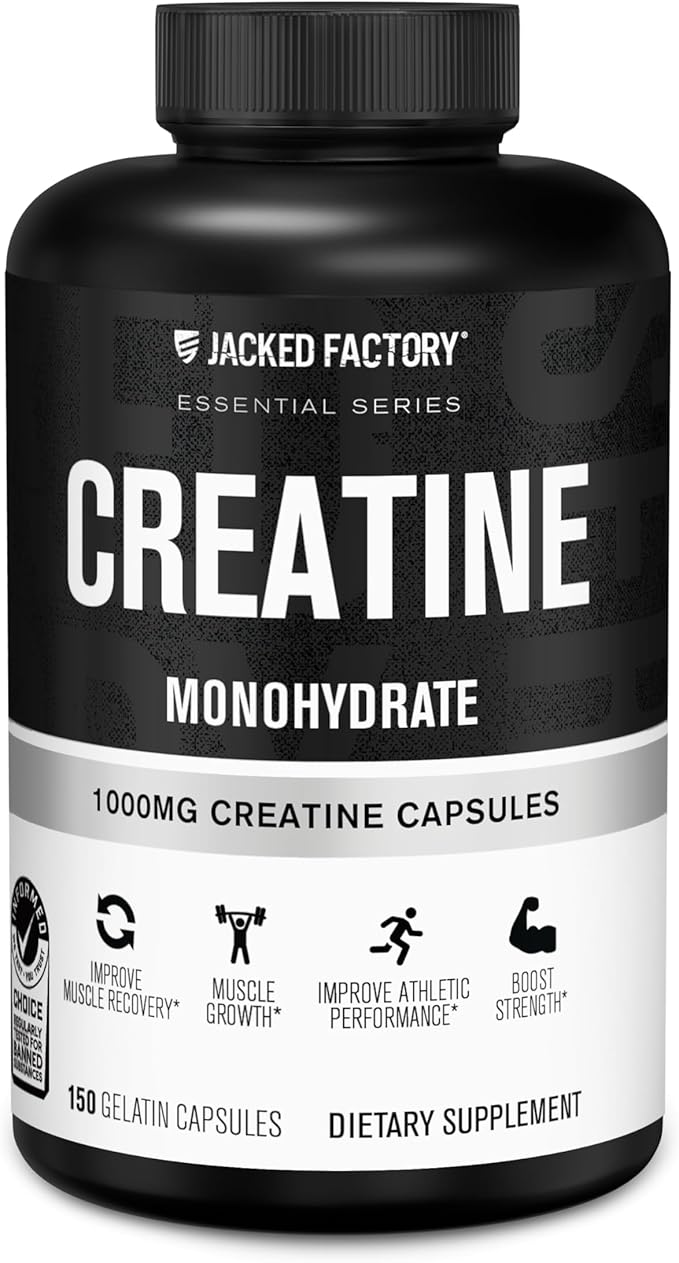 Jacked Factory Creatine Monohydrate Capsules - Creatine Supplement for Muscle Growth, Increased Strength, Enhanced Energy Output and Improved Athletic Performance - 150 Capsules