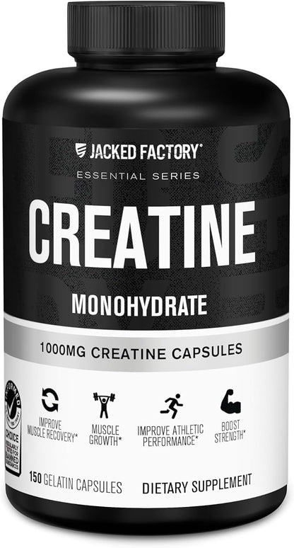 Jacked Factory Creatine Monohydrate Capsules - Creatine Supplement for Muscle Growth, Increased Strength, Enhanced Energy Output and Improved Athletic Performance - 150 Capsules