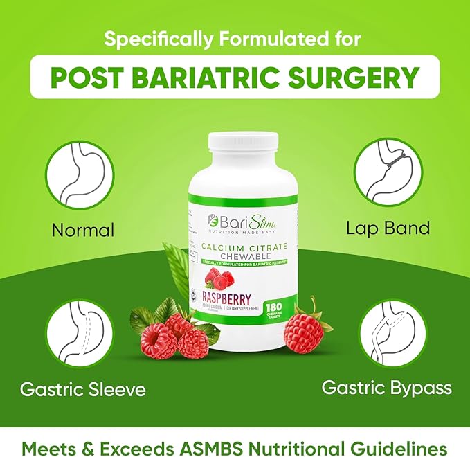 BariSlim Bariatric Calcium Citrate with Magnesium & Vitamin D Tabs - 500mg Calcium Citrate - Formulated for Post Weight Loss Surgery - Supports Bone Health | Raspberry Flavor