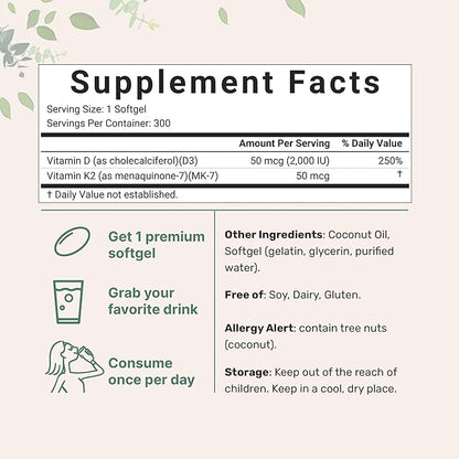 Vitamin D3 2,000 iu Plus K2 (MK-7) 50 mcg, 300 Virgin Coconut Oil Softgels | 2 in 1 Vitamins D & K Complex | Supports Calcium Absorption, Bone, Immune, & Heart Health – Easy to Swallow
