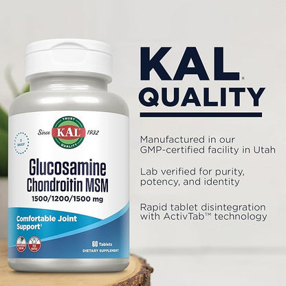 KAL Glucosamine Chondroitin MSM, Joint Support Supplement for Women and Men, 1500mg Glucosamine Sulfate, 1200mg Chondroitin, 1500mg MSM, Rapid Disintegration, 60-Day Guarantee, 20 Servings, 60 Tablets