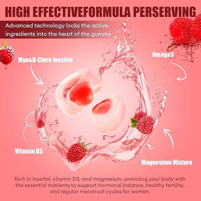 Inositol Multivitamin Gummies, Myo-Inositol&D-chiral Inositol Ideal 40:1 Ratio, Inositol Supplement with Omega-3, Magnesium, Folate, Hormone Balance, Raspberry Flavor, Sugar Free, 90 Count
