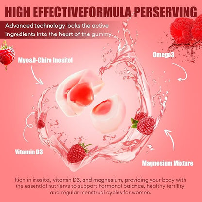 Inositol Multivitamin Gummies, Myo-Inositol&D-chiral Inositol Ideal 40:1 Ratio, Inositol Supplement with Omega-3, Magnesium, Folate, Hormone Balance, Raspberry Flavor, Sugar Free, 90 Count