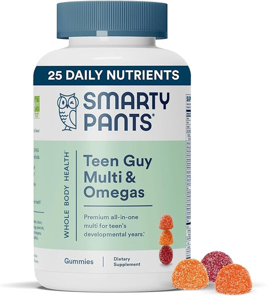 SmartyPants Teen Guy Multivitamin Gummies: Omega 3 Fish Oil (EPA/DHA), Vitamin D3, C, Vitamin B12, B6, Vitamin A, K & Zinc, Gluten Free, Three Fruit Flavors, 120 Count (30 Day Supply)