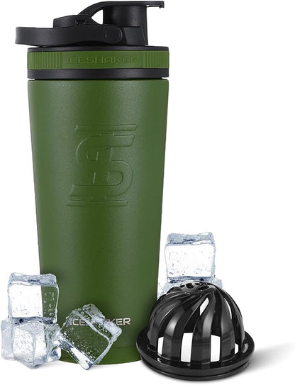 Ice Shaker Insulated Stainless Steel Shaker Bottle | 26oz, Green | Cold for 30+ Hours | Insulated Cup with Twist-on Agitator | Odor-Free Shaker Cup for Protein Shakes, Water, Smoothies, Cocktails