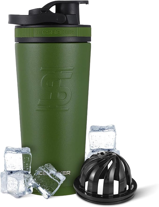 Ice Shaker Insulated Stainless Steel Shaker Bottle | 26oz, Green | Cold for 30+ Hours | Insulated Cup with Twist-on Agitator | Odor-Free Shaker Cup for Protein Shakes, Water, Smoothies, Cocktails