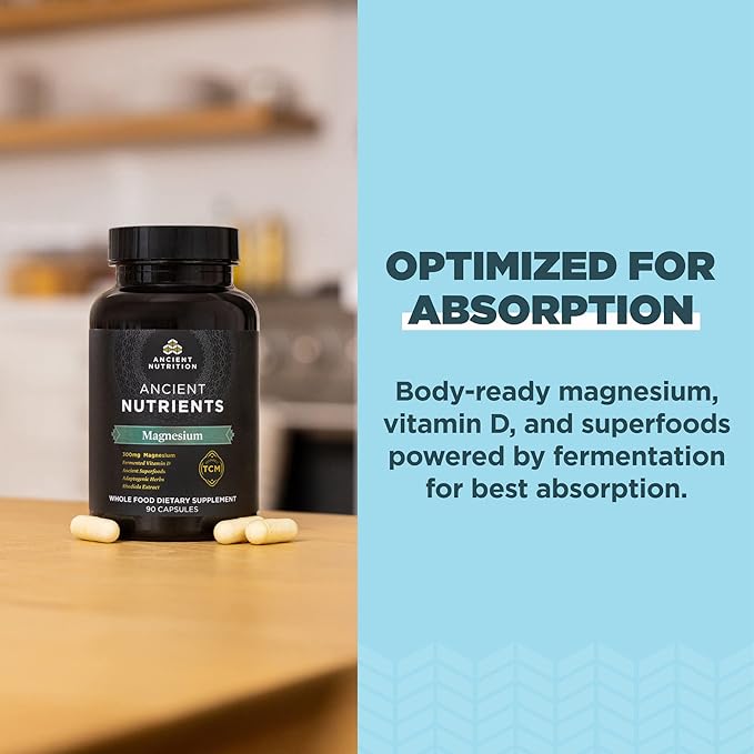 Magnesium Supplement by Ancient Nutrition, Magnesium 300mg with Vitamin D for Immune Support, Adaptogenic Herbs, Enzyme Activated, Paleo & Keto Friendly, 90 Capsules