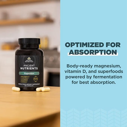 Magnesium Supplement by Ancient Nutrition, Magnesium 300mg with Vitamin D for Immune Support, Adaptogenic Herbs, Enzyme Activated, Paleo & Keto Friendly, 90 Capsules