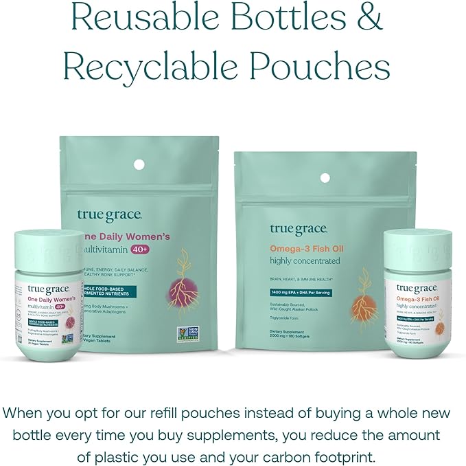 True Grace One Daily Women’s Multivitamin 40+ (30 Vegan Tablets) & Omega-3 Fish Oil (60 Softgels) - Gluten Free, Soy Free, Organic - 30-Day Supply of Each