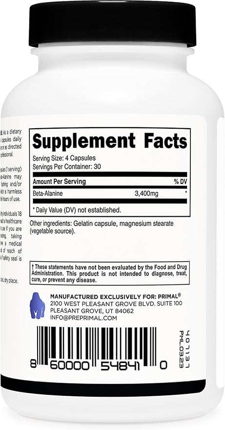 Primal Beta-Alanine Capsules 3400mg (30 Servings, 120 Capsules) - Supplement, Gluten-Free & Non-GMO, 850mg Per Cap