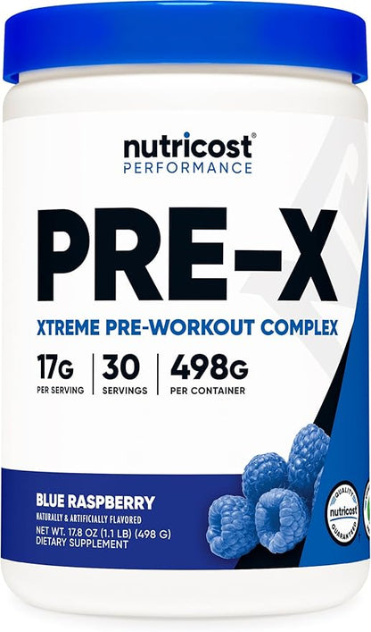 Nutricost Pre-X Xtreme Pre-Workout Powder Complex, Blue Raspberry, 30 Servings, Vegetarian, Non-GMO and Gluten Free