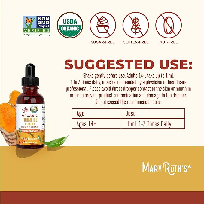 USDA Organic Turmeric Gold Liquid Drops by MaryRuth's | Herbal Blend | Turmeric Curcumin | Black Pepper | Cassia Cinnamon Bark | Ginger Root | Immune Support | Non-GMO Project Verified | Vegan | 1oz