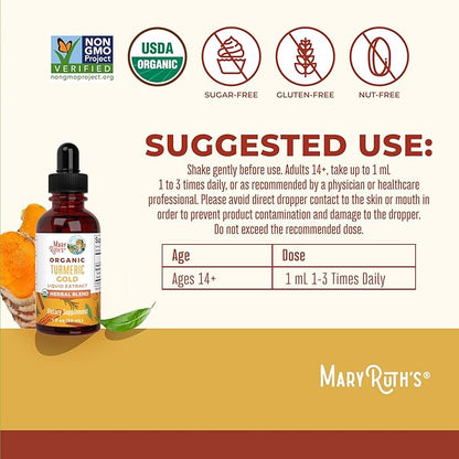 USDA Organic Turmeric Gold Liquid Drops by MaryRuth's | Herbal Blend | Turmeric Curcumin | Black Pepper | Cassia Cinnamon Bark | Ginger Root | Immune Support | Non-GMO Project Verified | Vegan | 1oz