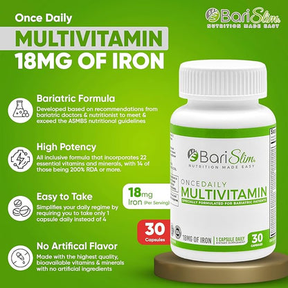 BariSlim Once Daily Bariatric Multivitamin Capsule - 18mg of Iron - Bariatric Vitamin & Supplement for Post Bariatric Surgery Including Gastric Bypass & Gastric Sleeve | 30 Day Supply