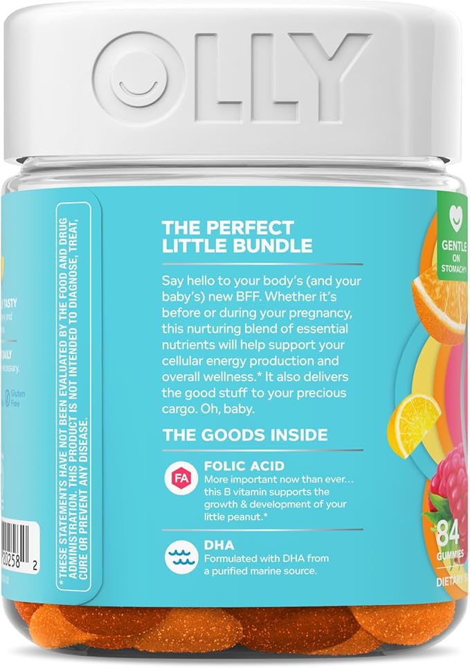OLLY Essential Prenatal Gummy Multivitamin, Folic Acid, Vitamin D, Omega 3 DHA, Supports Healthy Growth and Brain Development, Citrus Berry - 84 Count