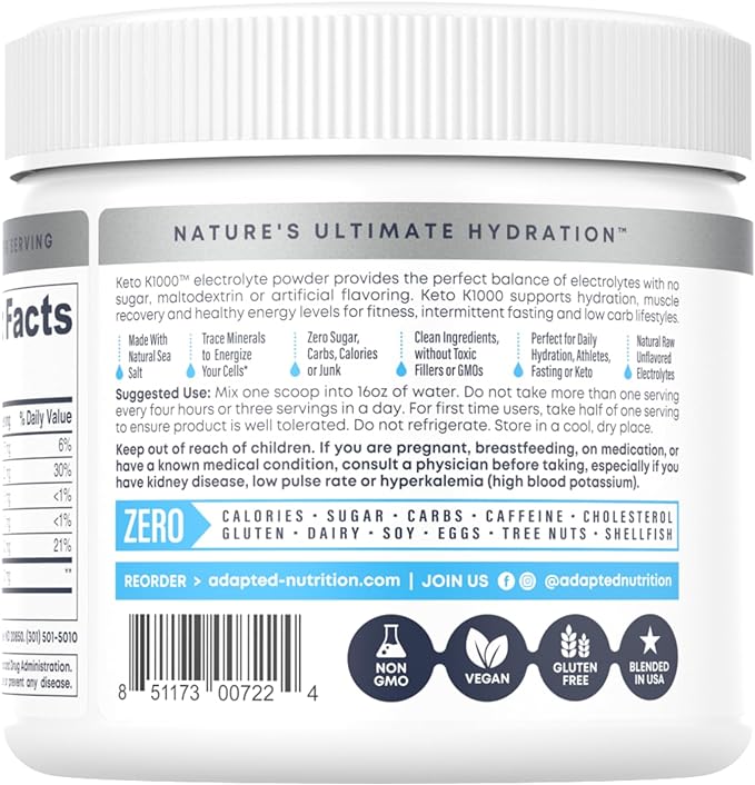 Hi-Lyte Keto K1000 Electrolyte Powder | Unflavored | Hydration Supplement Drink Mix | Boost Energy & Beat Leg Cramps | No Sugar, No Stevia, No Maltodextrin | 50 Servings