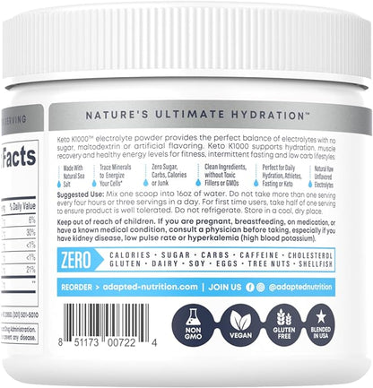 Hi-Lyte Keto K1000 Electrolyte Powder | Unflavored | Hydration Supplement Drink Mix | Boost Energy & Beat Leg Cramps | No Sugar, No Stevia, No Maltodextrin | 50 Servings