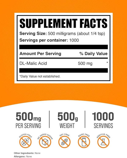 BulkSupplements.com Malic Acid Powder - Malic Acid Supplement, Malic Acid Powder Food Grade - for Energy & Skin Support, Gluten Free - 500mg per Serving, 500g (1.1 lbs)