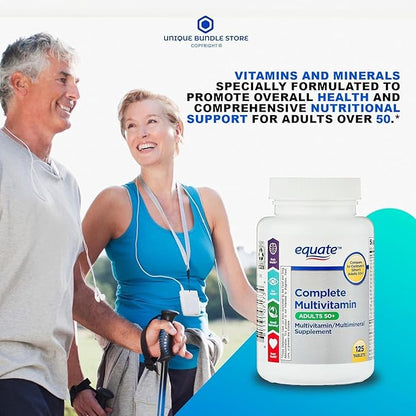 Equate Adult 50+ One Daily Complete Multivitamin/Multimineral Supplement, 125 Tablets, Comprehensive Multivitamin for Adults Over 50 + Createandbundle Sticker