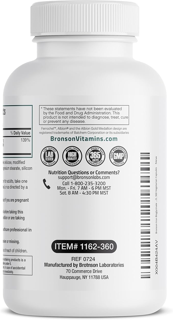 Bronson Iron Bisglycinate 25 mg Gentle on The Stomach, Supports Energy & Healthy Red Blood Cell Production - Non-Constipating Formula - Non GMO, 360 Vegetarian Capsules