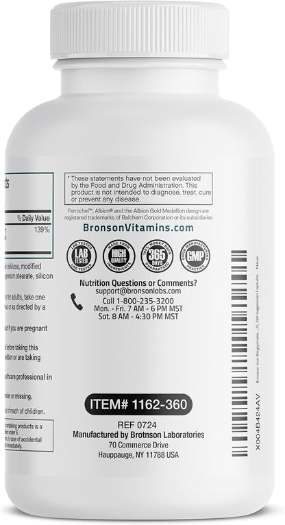 Bronson Iron Bisglycinate 25 mg Gentle on The Stomach, Supports Energy & Healthy Red Blood Cell Production - Non-Constipating Formula - Non GMO, 360 Vegetarian Capsules