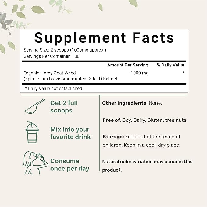 Maximum Strength Organic Pure Horny Goat Weed with Active Icariins for Men and Women, 100 Grams, Organic Epimedium Powder for Energy and Immune System Booster, Filler Free and Vegan Friendly