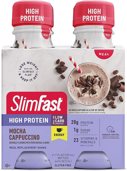 SlimFast Advanced Energy High Protein Meal Replacement Shake, Mocha Cappuccino, 20g of Ready to Drink Protein with Caffeine, 11 Fl. Oz Bottle, 4 Count (Pack of 3) (Packaging May Vary)