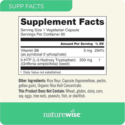 NatureWise 5-HTP 200mg, Vegan 5 HTP Plus Supplement from Griffonia Seeds with Cofactor Vitamin B6 - Mood Support Supplement & Natural Sleep Aid for Adults - Delayed-Release - 30 Count[1-Month Supply]