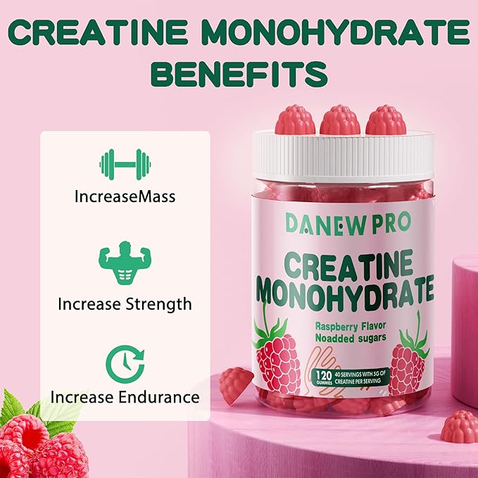 Creatine Monohydrate Gummies for Men & Women-5g of Creatine Monohydrate per Serving - Sugar Free,Vegan, Raspberry Flavor, 120 Count