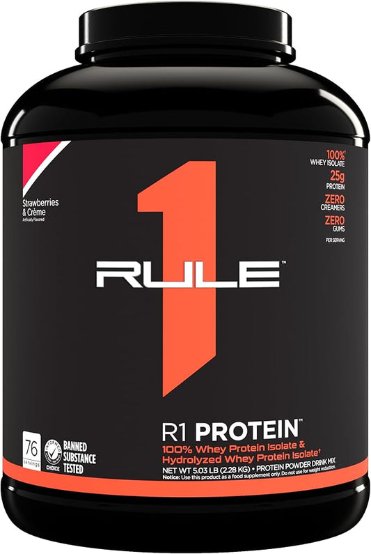 Rule One Proteins, R1 Protein - Strawberries & Crème, 25g Fast-Acting, Super-Pure 100% Isolate and Hydrolysate Protein Powder with 6g BCAAs for Muscle Growth and Recovery, 5lbs