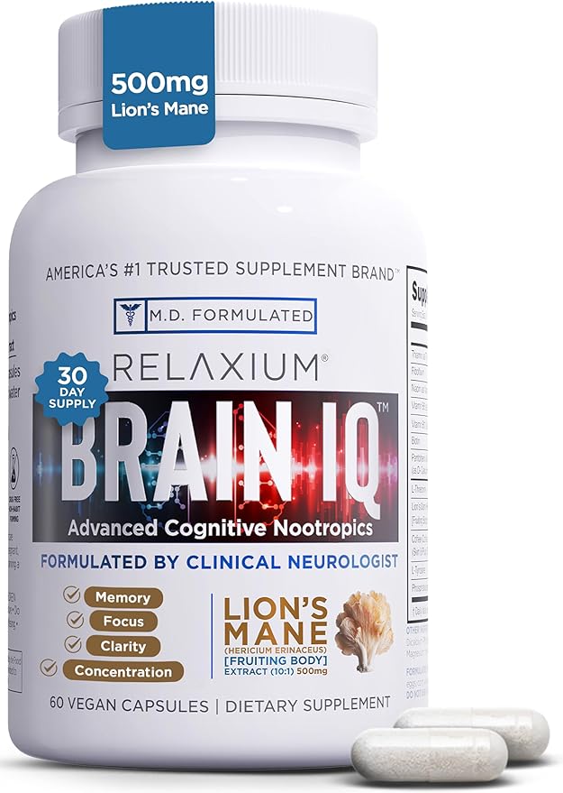 BrainIQ Nootropic Brain Supplements for Memory and Focus | Memory Supplement for Brain Health | Cognitive Supplement & Memory Pill with Lion's Mane, L-threonine & Coffee Extract | Vegan, 60 Capsules