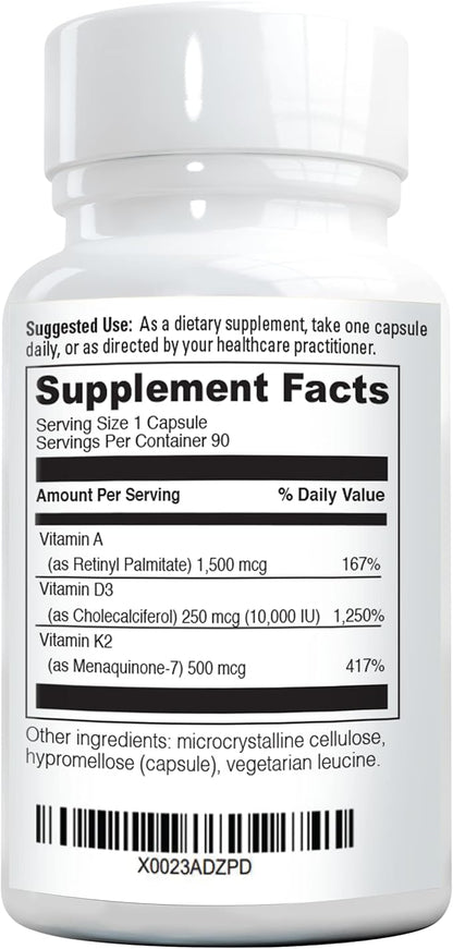 ADK 10 Supplement - Potent A, K2 & D3 Vitamin Supplement 10000 IU for Bone, Heart & Immune Support - 90 Count Easy-to-Swallow Vitamin ADK Supplement Capsules (3 Month Supply)