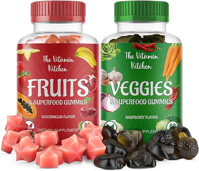 Fruits and Vegetables Supplements for Adults: Tasty and Nutritious Fruit and Veggies Gummies Supplement for Adults, Made in USA, Non-GMO, Gluten-Free (60 Super Green Veggies, 60 Super Fruits) 2-pack