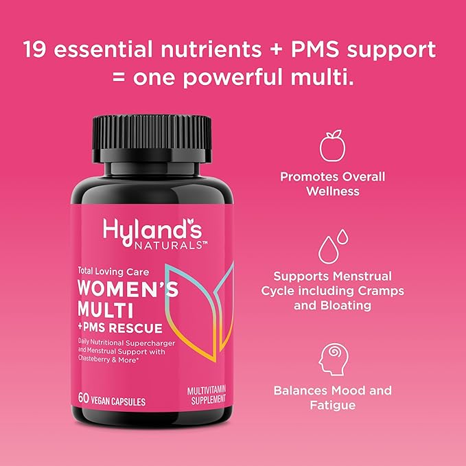 Hyland's Total Loving Care Multivitamin for Women + PMS Rescue - 60 Vegan Capsules - with L-Theanine for Focus & Stress Relief Support with Chasteberry & Dong Quai for Menstrual Support