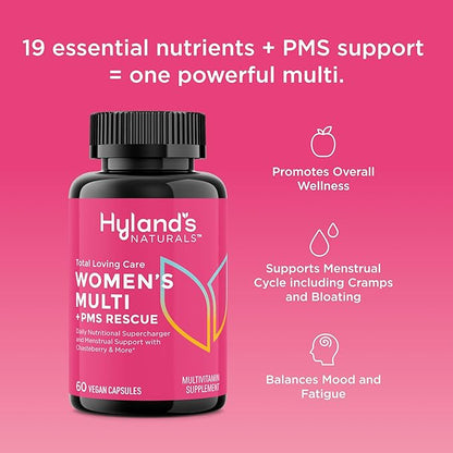 Hyland's Total Loving Care Multivitamin for Women + PMS Rescue - 60 Vegan Capsules - with L-Theanine for Focus & Stress Relief Support with Chasteberry & Dong Quai for Menstrual Support