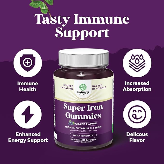 Extra Strength Iron Gummies for Women and Men - Potent 45mg per Serving Chewable Iron Supplement for Women and Men with Vitamin C for Higher Absorption - Vegan Daily Iron Gummy No Artificial Flavors