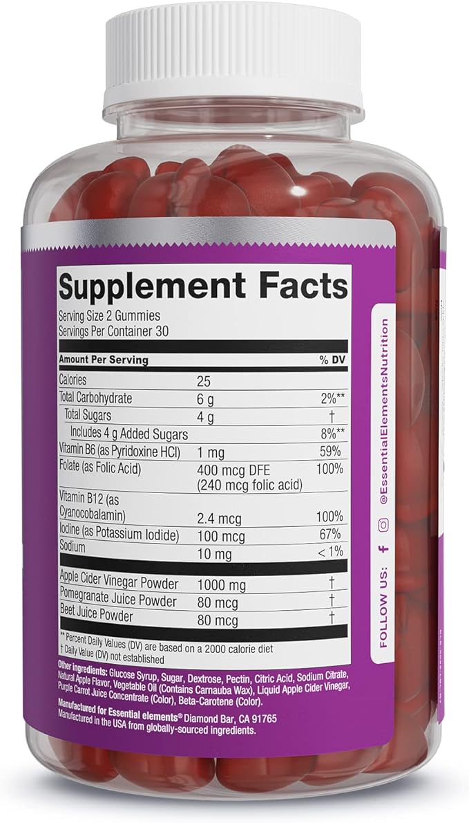 Essential Elements Apple Cider Vinegar Gummies from The Mother - Naturally-Sourced, Vegan ACV with Folic Acid and Vitamin B6 & B12 (2 Pack)