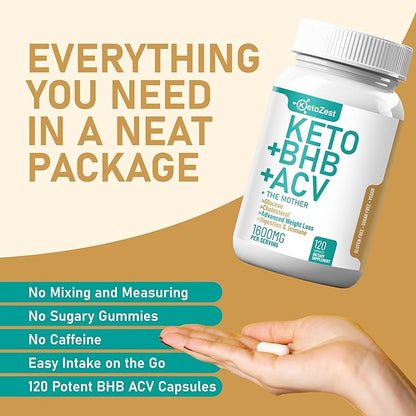 Keto ACV BHB Capsules 1600mg for Advanced Weight Loss & Belly Fat Burn - Organic Apple Cider Vinegar with The Mother Ketones Vegan Supplement - with Vitamin D3 Zinc Chromium for Men Women