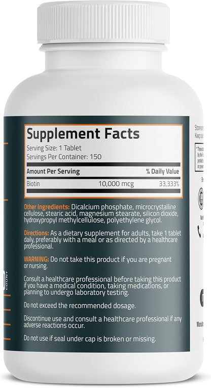 Bronson Biotin 10,000 MCG Supports Healthy Hair, Skin & Nails & Energy Production - High Potency Beauty Support - Non-GMO, 150 Vegetarian Tablets