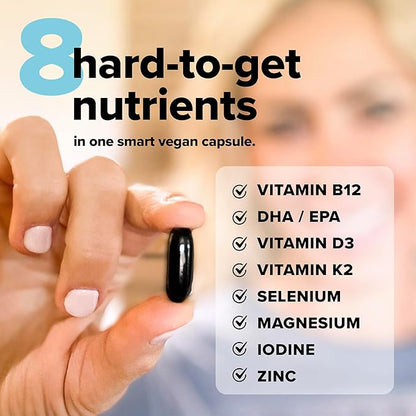 Complement 2 Month Supply Vegan Multivitamins for Women & Men (180 Capsules) Omega 3 DHA+EPA, Vitamin B12, Vitamin D3 K2, Zinc, Selenium, Magnesium, Iodine Supplement- Made in USA, 60 Servings