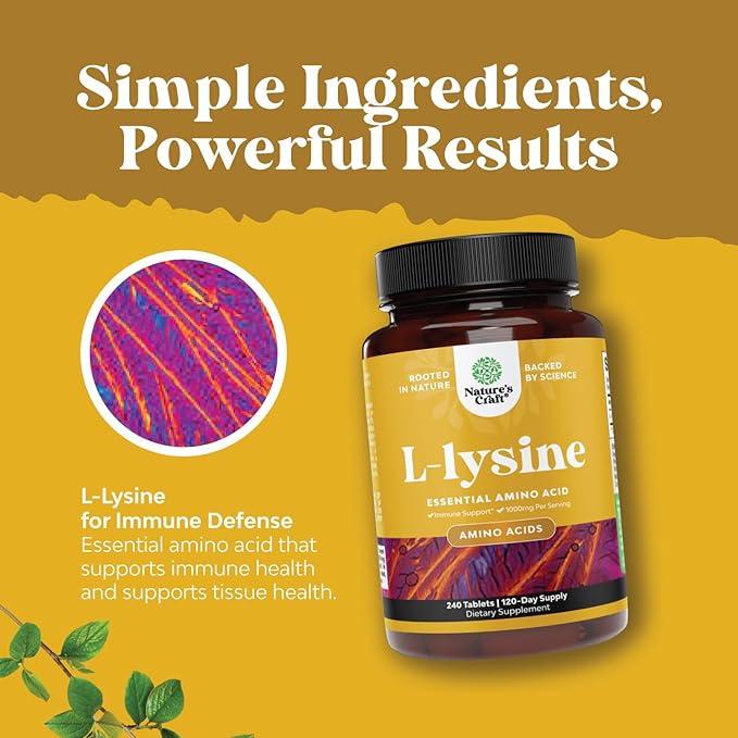 L Lysine 1000mg per serving Nutritional Supplements - L-lysine Essential Amino Acids for Eye Health Lip Care Bone Support Immune System Support Muscle Growth and Vegetarian Collagen - 240 Tablets