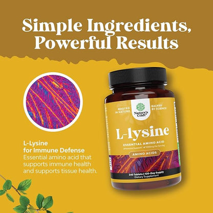 L Lysine 1000mg per serving Nutritional Supplements - L-lysine Essential Amino Acids for Eye Health Lip Care Bone Support Immune System Support Muscle Growth and Vegetarian Collagen - 240 Tablets