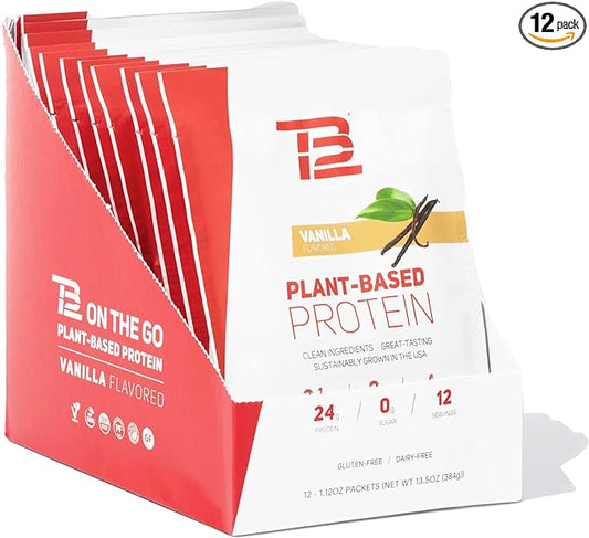 TB12 Plant Based Protein Powder by Tom Brady, 24g of Vegan Pea Protein, Low Sugar, Low Carb, Non-GMO, Meal Replacement, Keto Friendly, Paleo, Sugar Free, Vanilla Flavor (1.12 Ounce, Pack of 12)