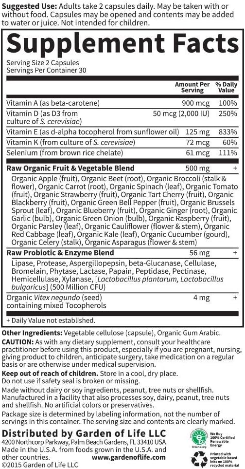 Garden of Life Vitamin E - Vitamin Code Raw Vitamin E Supplement with Vitamins A, D & K Plus Selenium, Fruit, Veggies & Probiotics, 60 Vegetarian Capsules, 125mg Whole Food Vitamin E for Heart Health