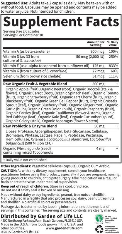 Garden of Life Vitamin E - Vitamin Code Raw Vitamin E Supplement with Vitamins A, D & K Plus Selenium, Fruit, Veggies & Probiotics, 60 Vegetarian Capsules, 125mg Whole Food Vitamin E for Heart Health