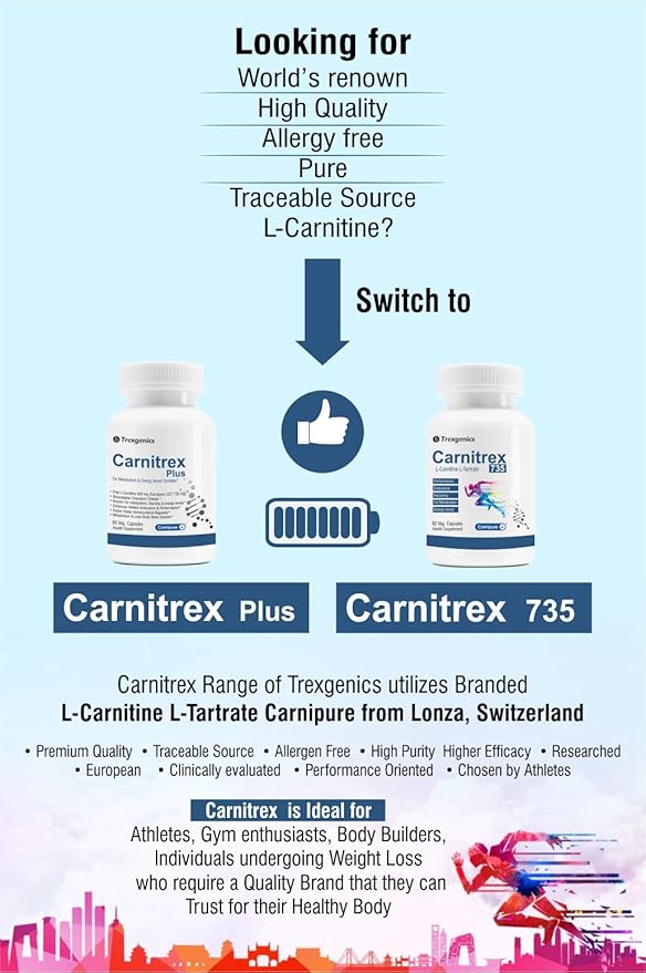 Trexgenics L-Carnitine L Tartrate VEGAN & GLUTEN FREE CARNIPURE (Lonza, Switzerland) L-Carnitine L-Tartrate 735mg (60 Veg. Capsules)