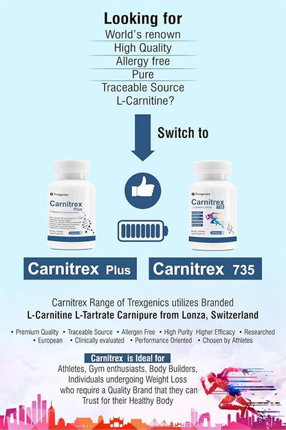 Trexgenics L-Carnitine L Tartrate VEGAN & GLUTEN FREE CARNIPURE (Lonza, Switzerland) L-Carnitine L-Tartrate 735mg (60 Veg. Capsules)