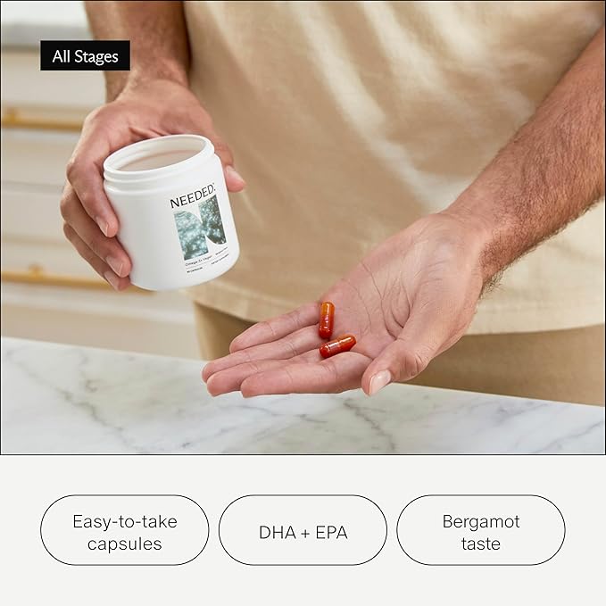 Needed Vegan Omega 3 DHA EPA Supplement - Delivers 500MG of Omega-3 DHA & EPA and 100MG of Choline, Encased in Veg Capsule, Sustainably Sourced from Algae Oil, Daily Dose of 2 Capsules, 30-Day Supply