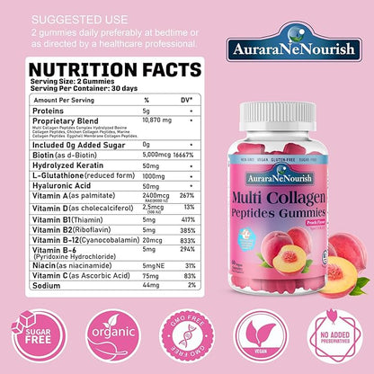 Multi Collagen Peptides Gummies, Sugar Free Hydrolyzed 5000mg Protein丨Type I,II,III,V,X with Biotin Hyaluronic Acid Vitamin C A D B6 B12 L-Glutathione for Skin Hair Nail Joint Bone -Peach Gummies